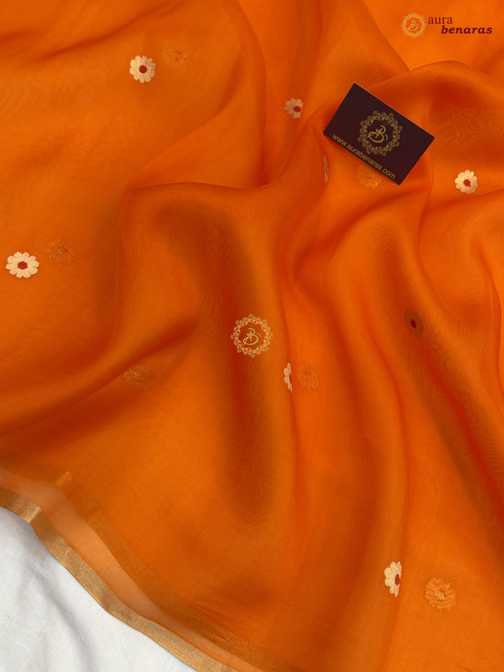 Orange Kora Silk Banarasi Saree with Sona Rupa Butis