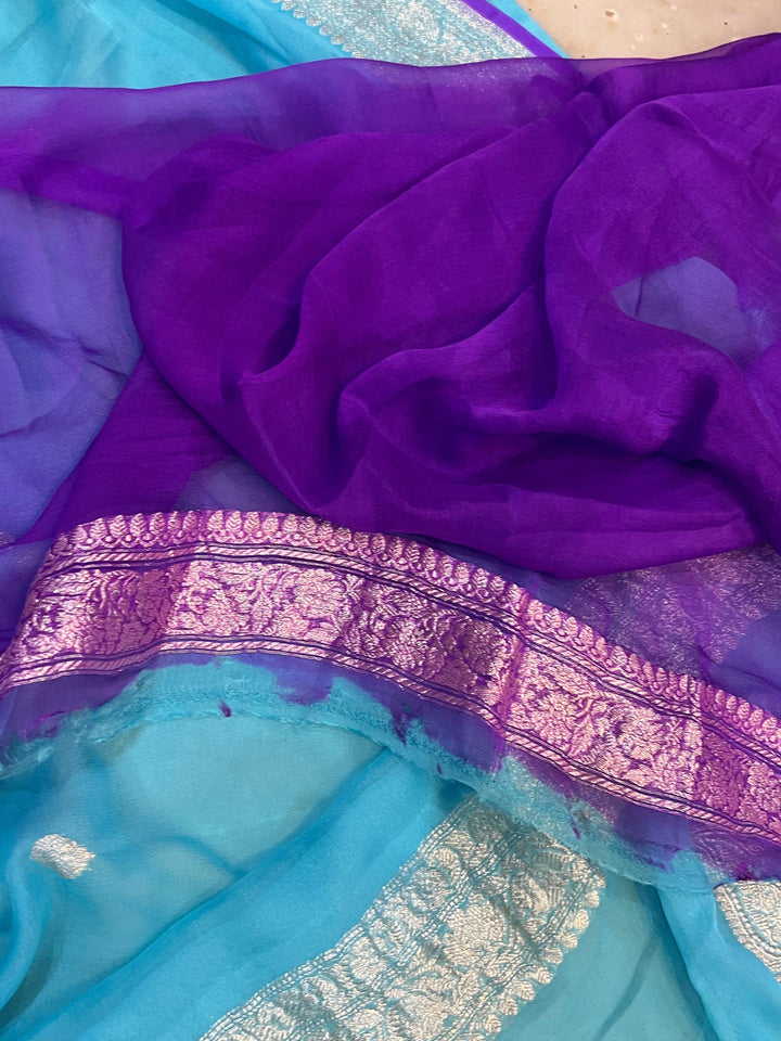 Blue Khaddi Chiffon Banarasi Handloom Saree - Aura Benaras