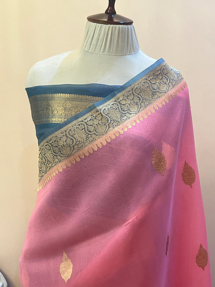 Baby Pink Banarasi Handloom Kora Silk Saree