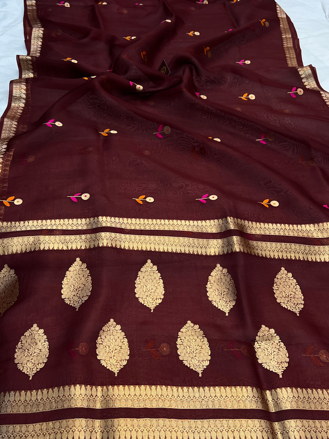 Maroon Pure Kora Silk Handloom Banarasi Saree