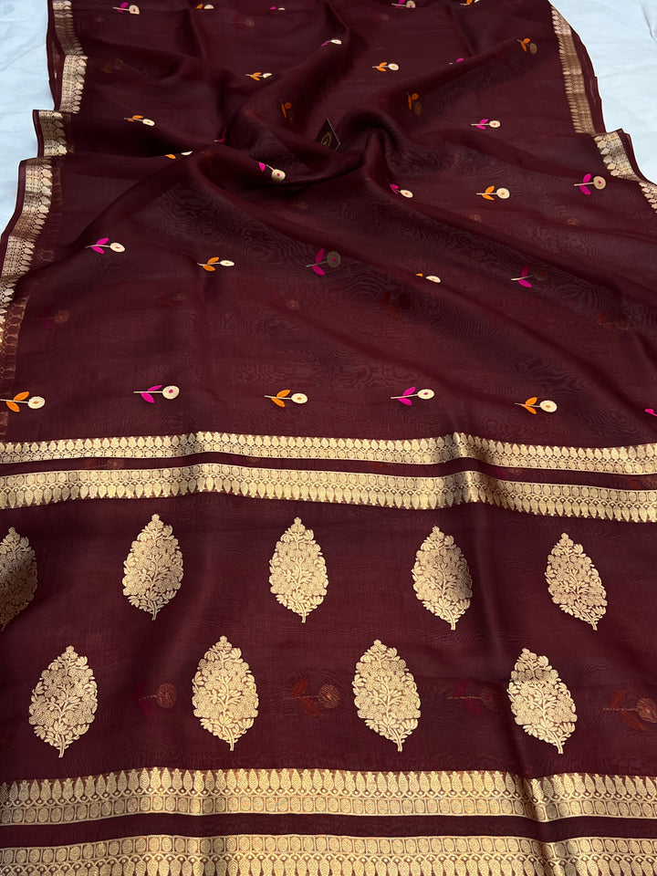 Maroon Pure Kora Silk Handloom Banarasi Saree