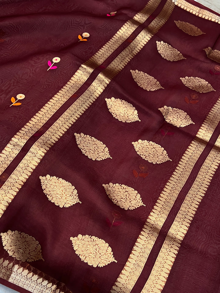 Maroon Pure Kora Silk Handloom Banarasi Saree