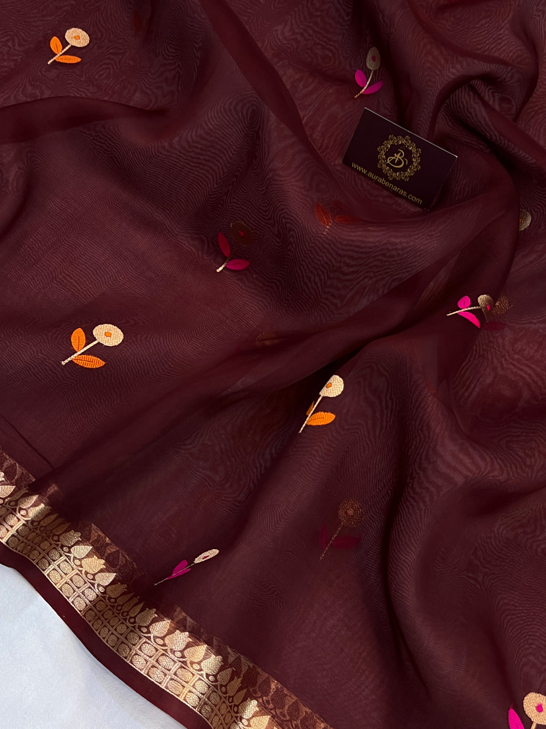 Maroon Pure Kora Silk Handloom Banarasi Saree