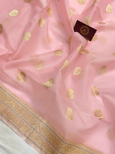 Baby Pink Pure Banarasi Handloom Kora Silk Saree - Aura Benaras