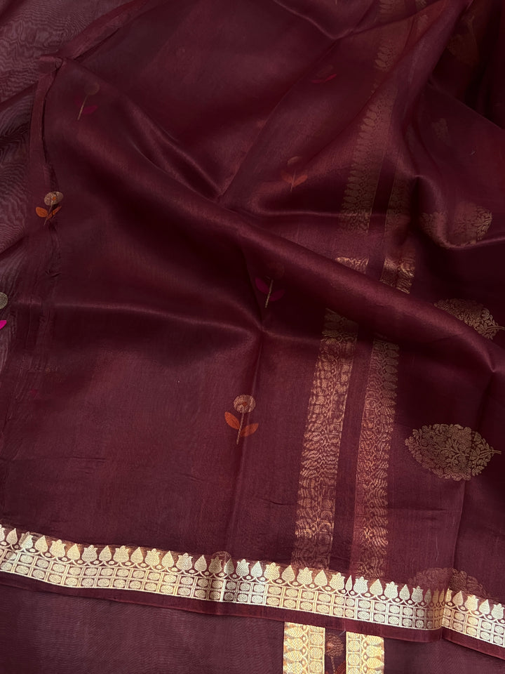Maroon Pure Kora Silk Handloom Banarasi Saree