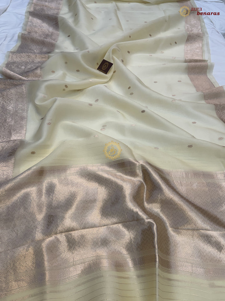Cream Pure Kora Silk Handloom Banarasi Saree