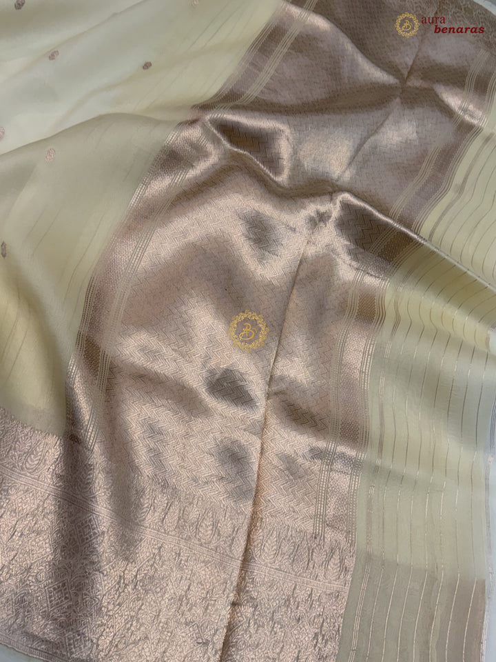Cream Pure Kora Silk Handloom Banarasi Saree