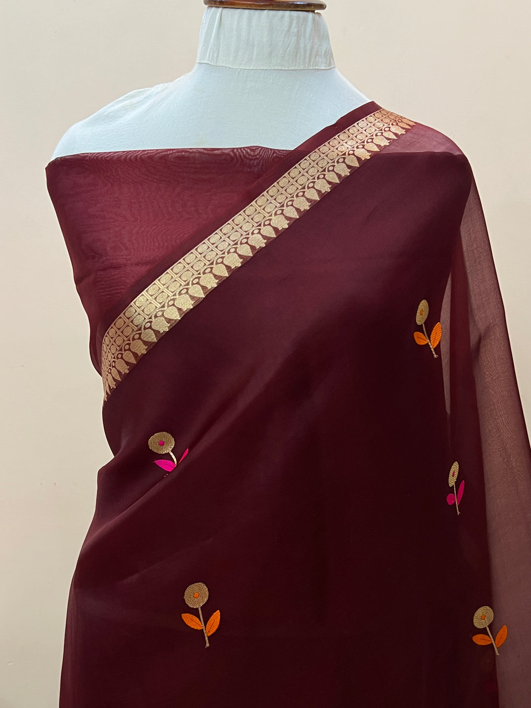 Maroon Pure Kora Silk Handloom Banarasi Saree