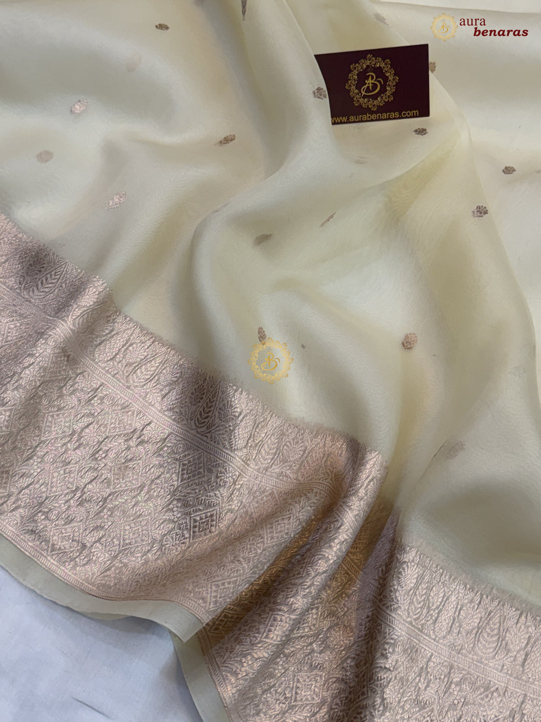 Cream Pure Kora Silk Handloom Banarasi Saree