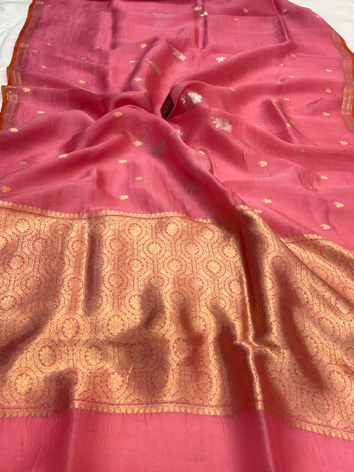 Rose Pink Pure Kora Silk Handloom Banarasi Saree