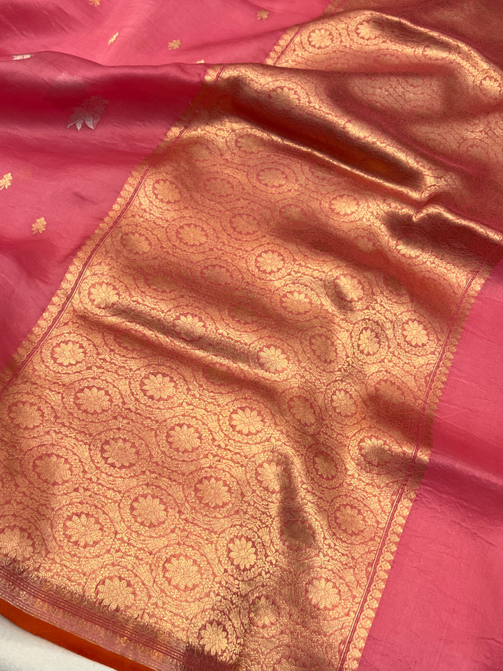 Rose Pink Pure Kora Silk Handloom Banarasi Saree