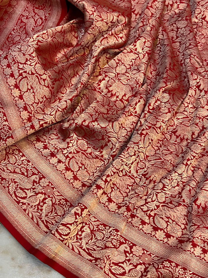 Red Banarasi Handloom Pure Katan Silk Saree - Aura Benaras