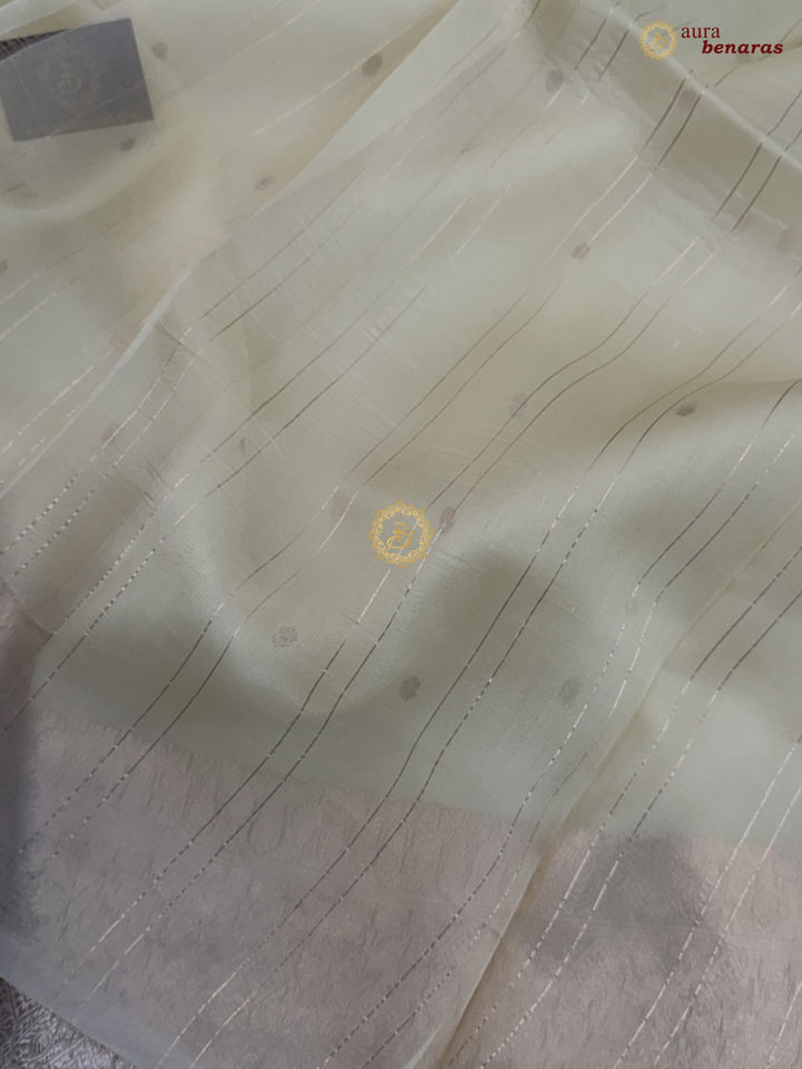 Cream Pure Kora Silk Handloom Banarasi Saree