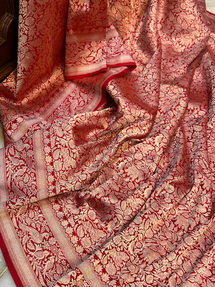 Red Banarasi Handloom Pure Katan Silk Saree - Aura Benaras