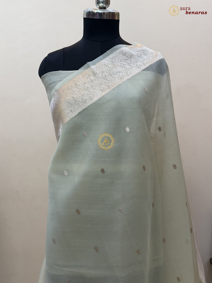 Cream Pure Kora Silk Handloom Banarasi Saree