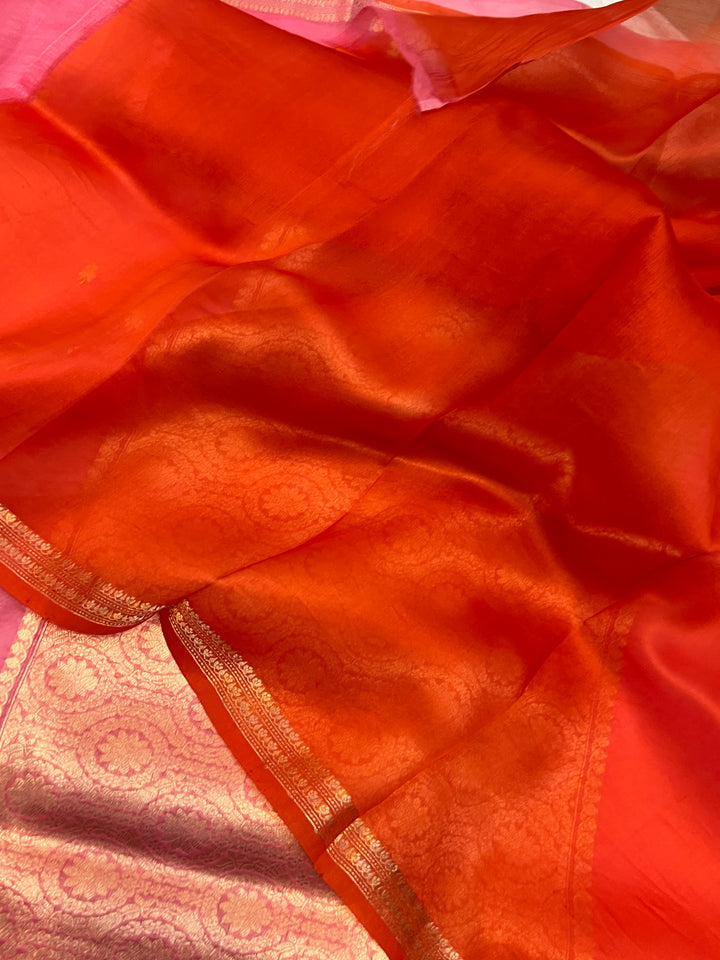 Rose Pink Pure Kora Silk Handloom Banarasi Saree