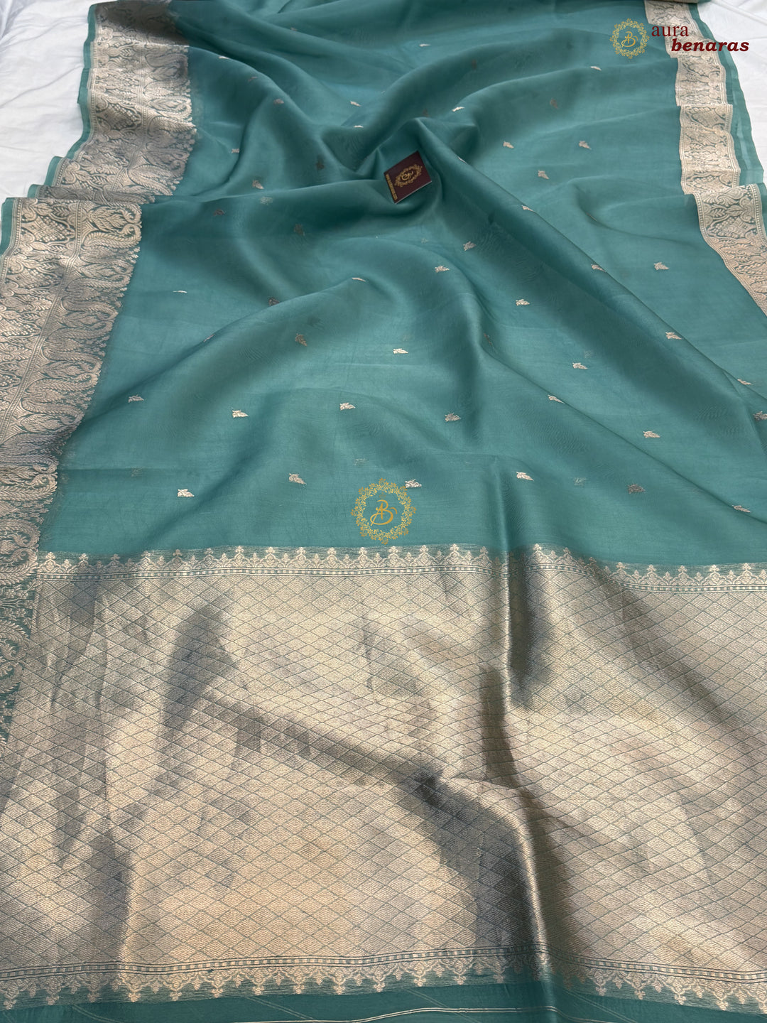 Grayish Green Pure Kora Silk Handloom Banarasi Saree