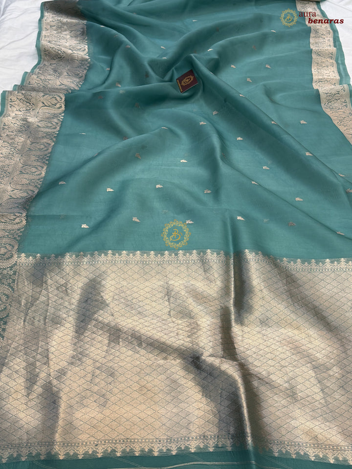 Grayish Green Pure Kora Silk Handloom Banarasi Saree