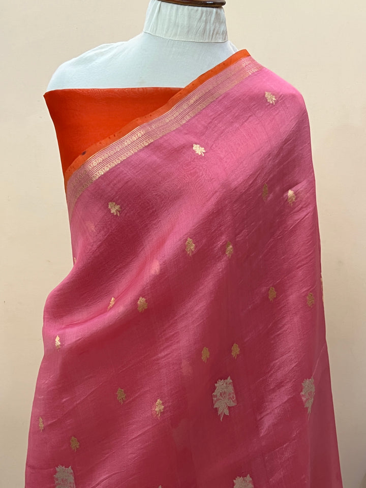 Rose Pink Pure Kora Silk Handloom Banarasi Saree