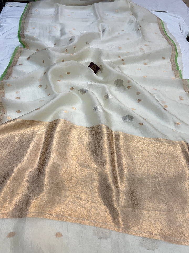 Off White Pure Kora Silk Handloom Banarasi Saree