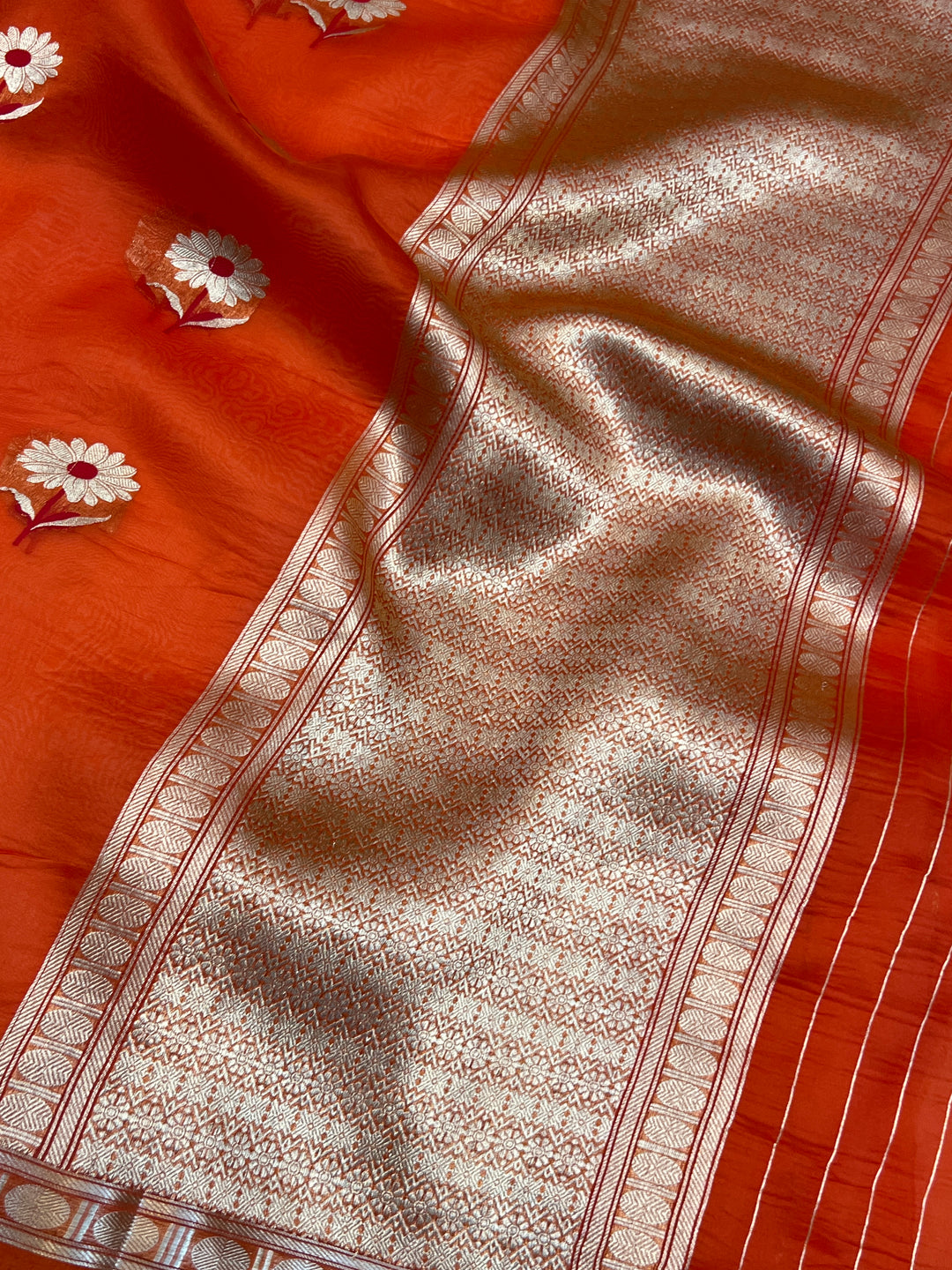 Orange Pure Kora Silk Handloom Banarasi Saree