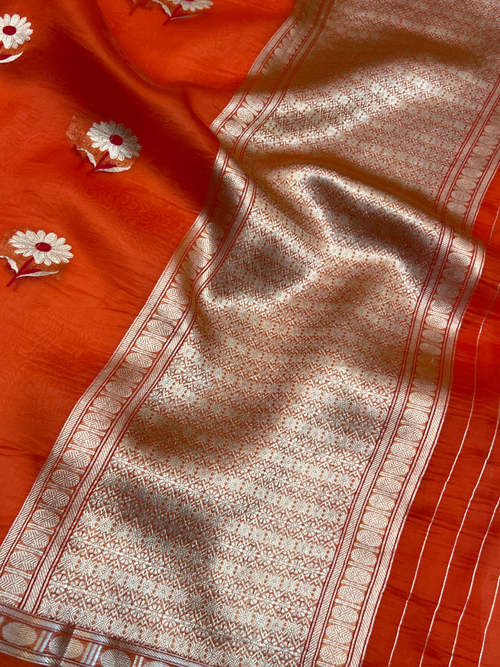 Orange Pure Kora Silk Handloom Banarasi Saree