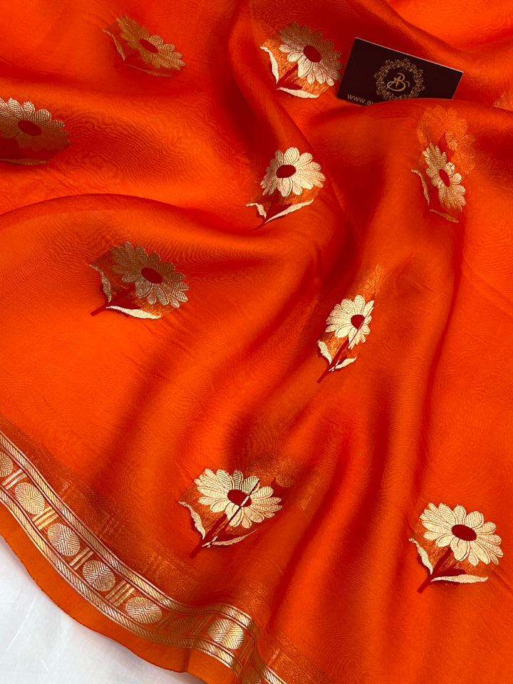 Orange Pure Kora Silk Handloom Banarasi Saree