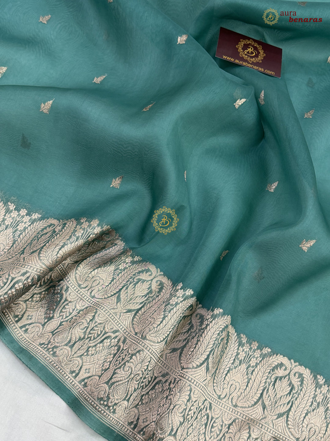 Grayish Green Pure Kora Silk Handloom Banarasi Saree