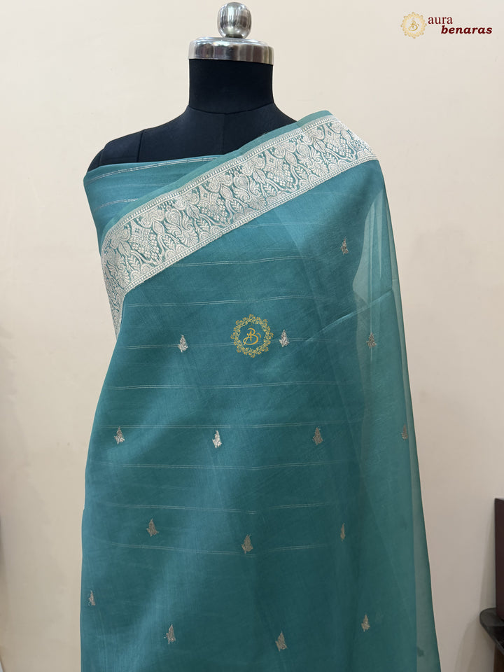 Grayish Green Pure Kora Silk Handloom Banarasi Saree