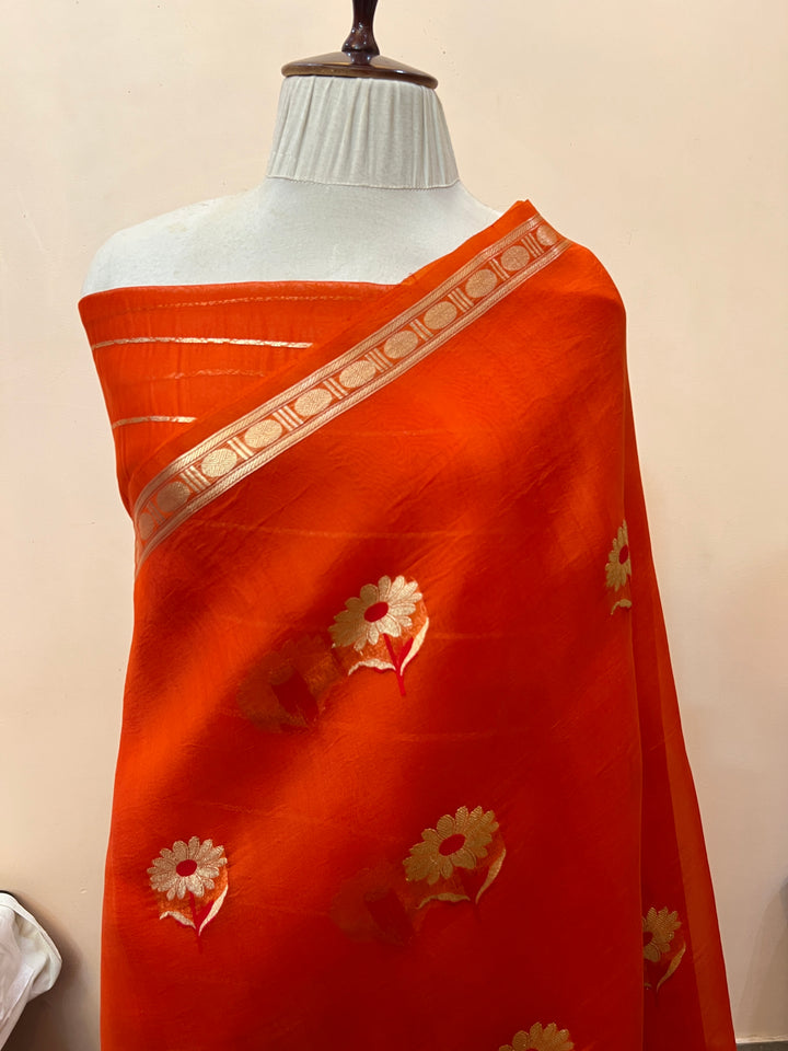 Orange Pure Kora Silk Handloom Banarasi Saree