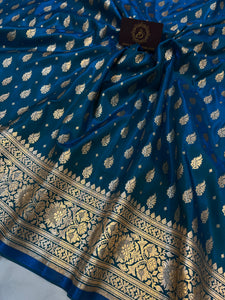 Blue Banarasi Handloom Satin SIlk Saree - Aura Benaras