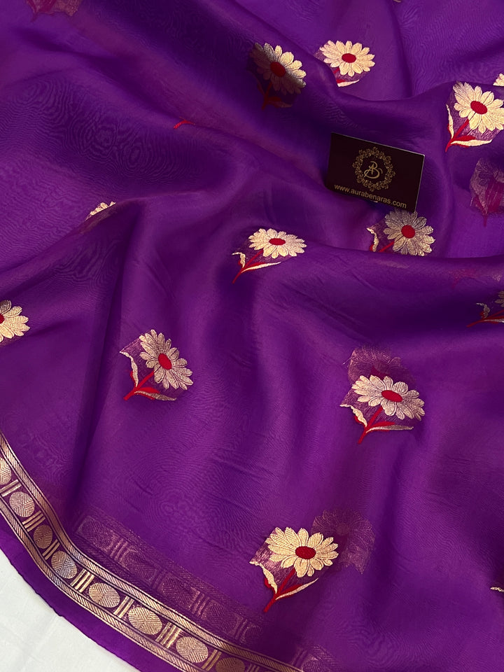 Purple Pure Kora Silk Handloom Banarasi Saree