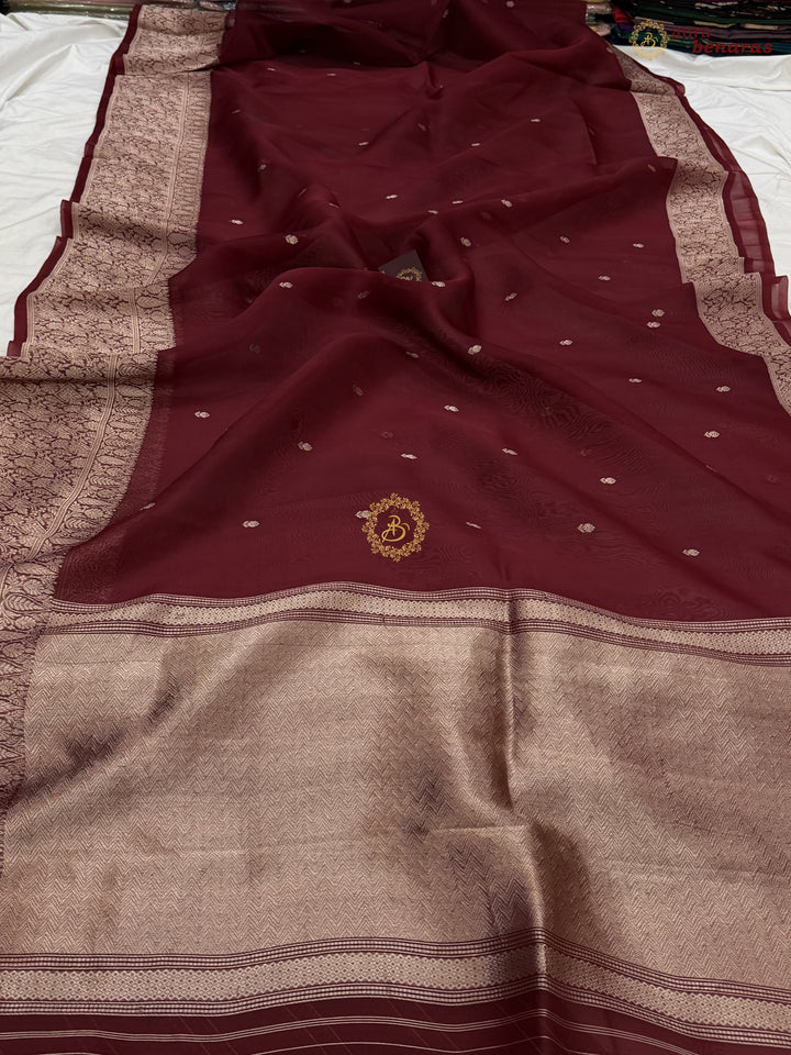 Maroon Pure Kora Silk Handloom Banarasi Saree