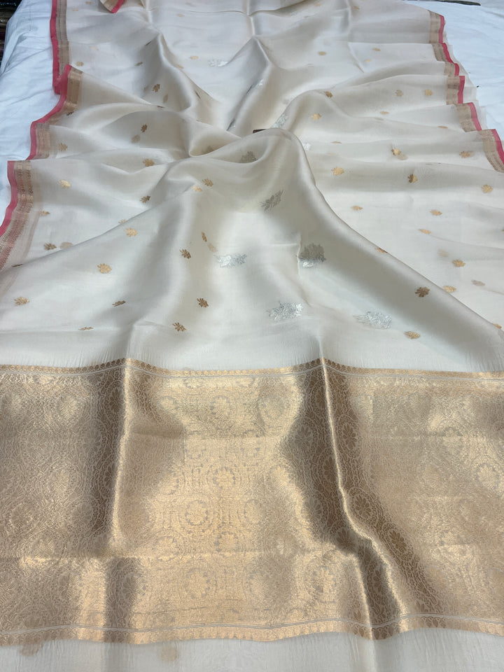 Off white Pure Kora Silk Handloom Banarasi Saree