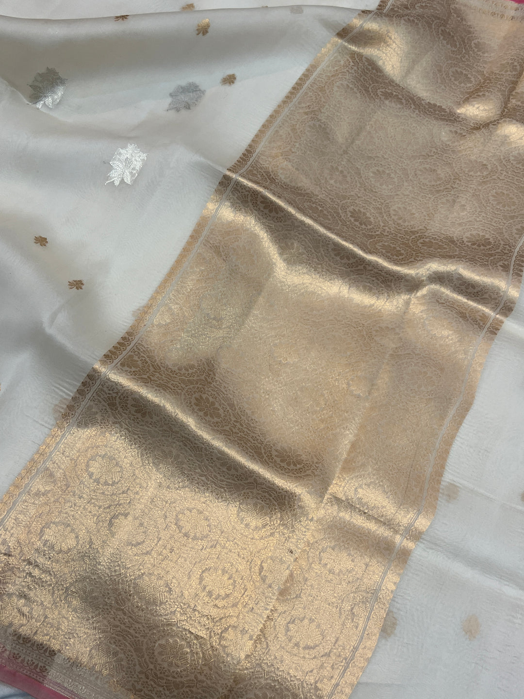 Off white Pure Kora Silk Handloom Banarasi Saree