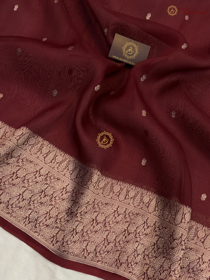 Maroon Pure Kora Silk Handloom Banarasi Saree