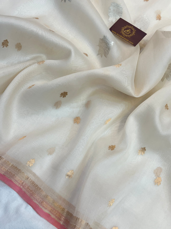 Off white Pure Kora Silk Handloom Banarasi Saree