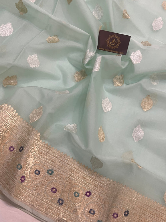 Pastel Blue Banarasi Handloom Kora Silk Saree - Aura Benaras