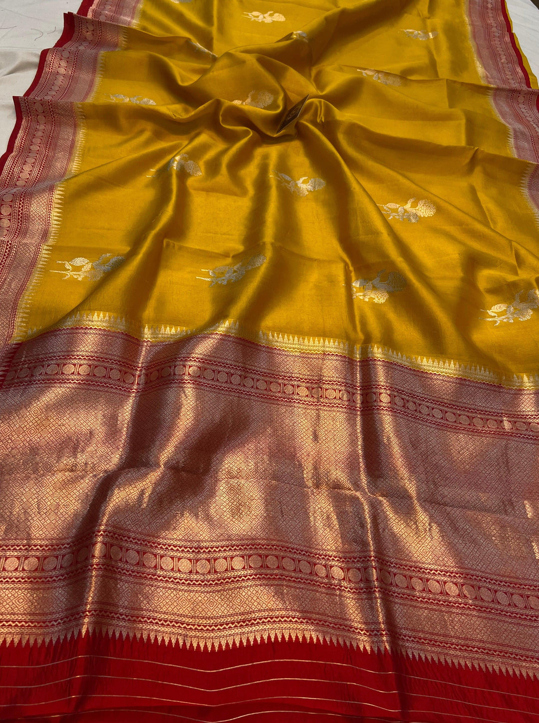 Mustard Yellow Pure Banarasi Handloom Silk Saree - Aura Benaras