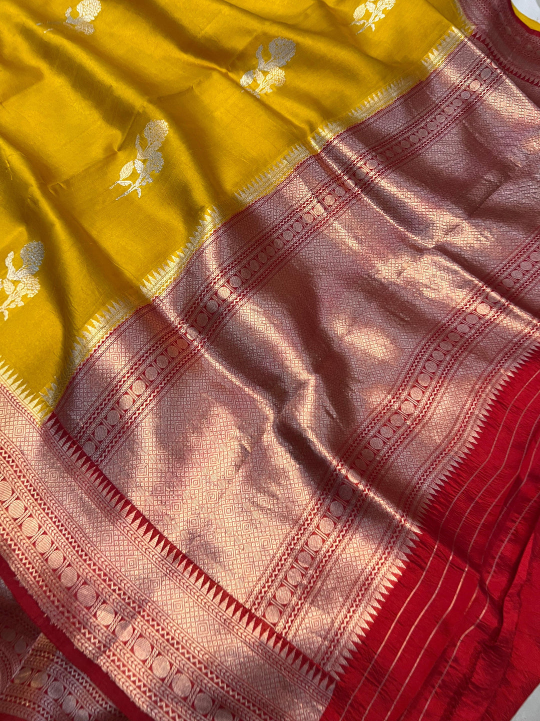 Mustard Yellow Pure Banarasi Handloom Silk Saree - Aura Benaras