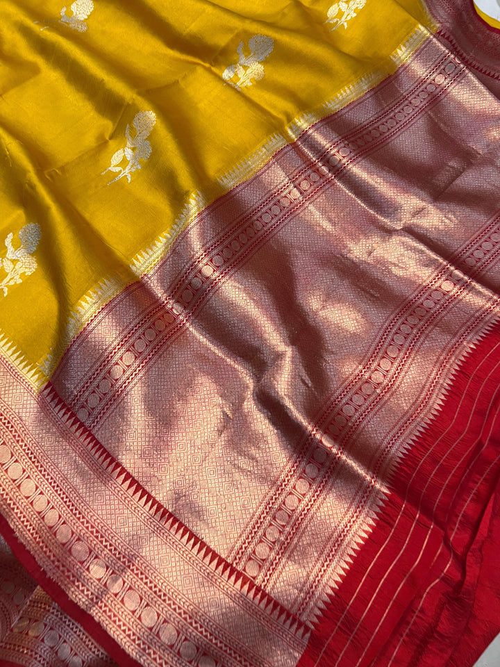 Mustard Yellow Pure Banarasi Handloom Silk Saree - Aura Benaras