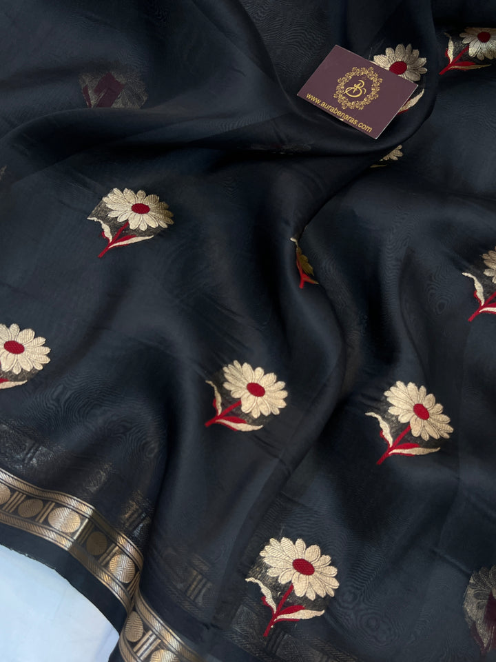 Black Pure Kora Silk Handloom Banarasi Saree