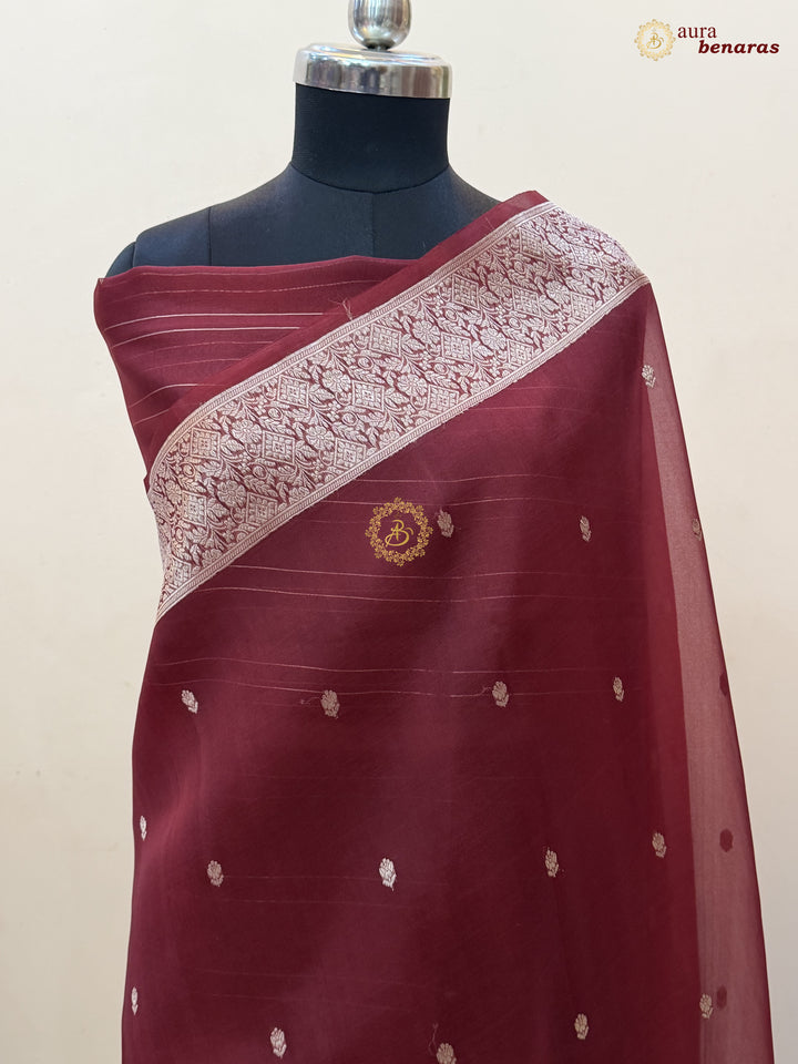 Maroon Pure Kora Silk Handloom Banarasi Saree
