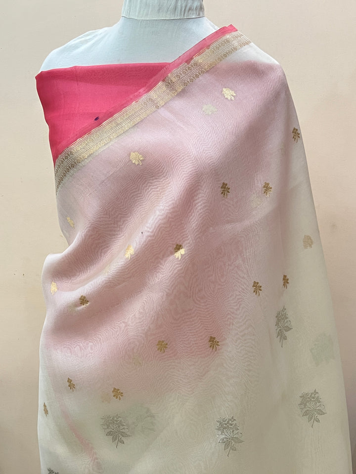Off white Pure Kora Silk Handloom Banarasi Saree