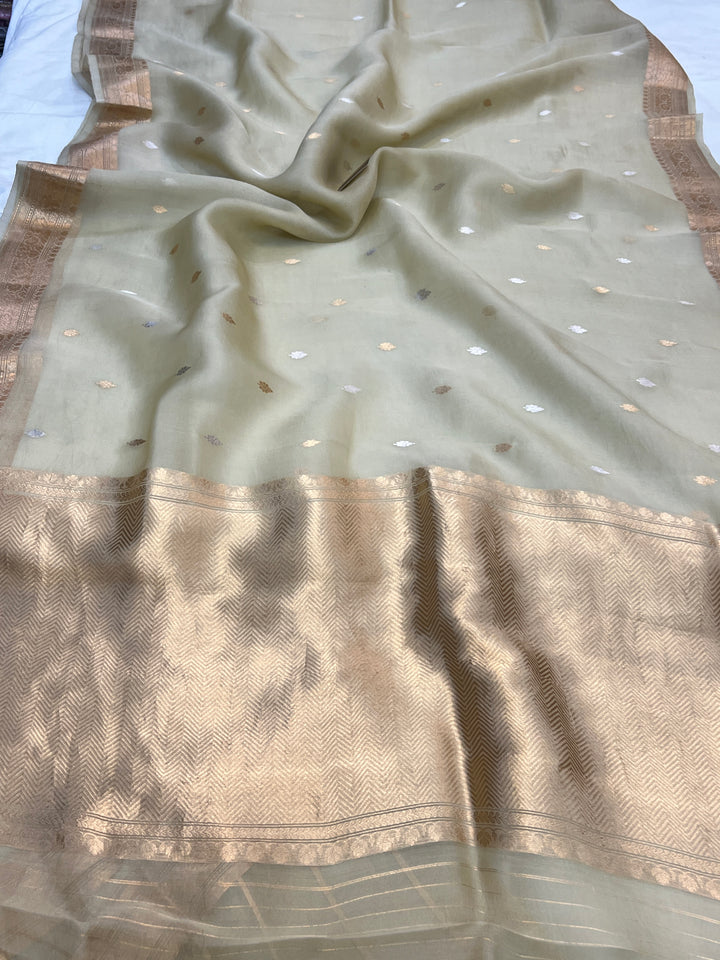 Dusty Green Pure Kora Silk Handloom Banarasi Saree