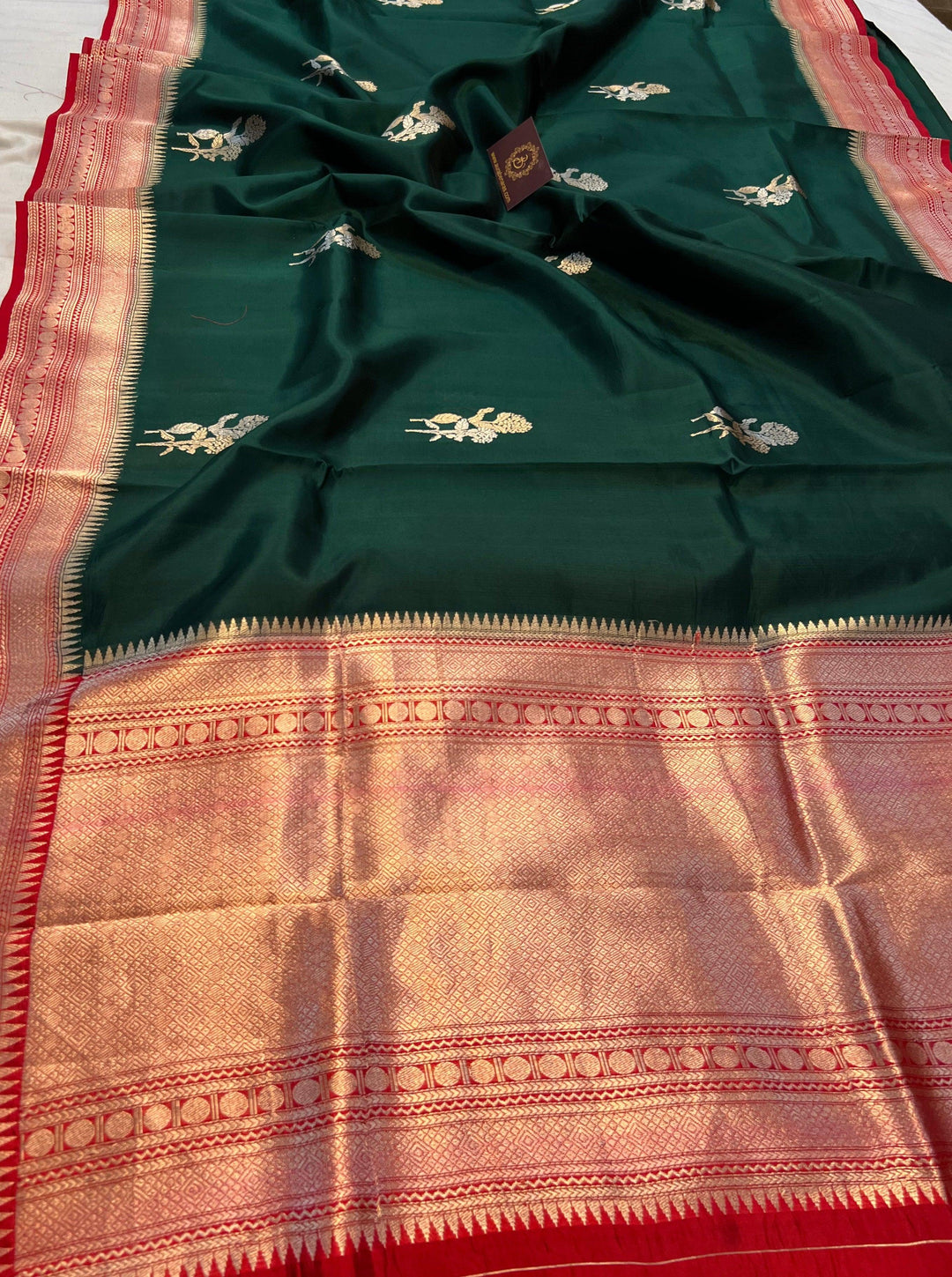 Bottle Green Pure Banarasi Handloom Silk Saree - Aura Benaras