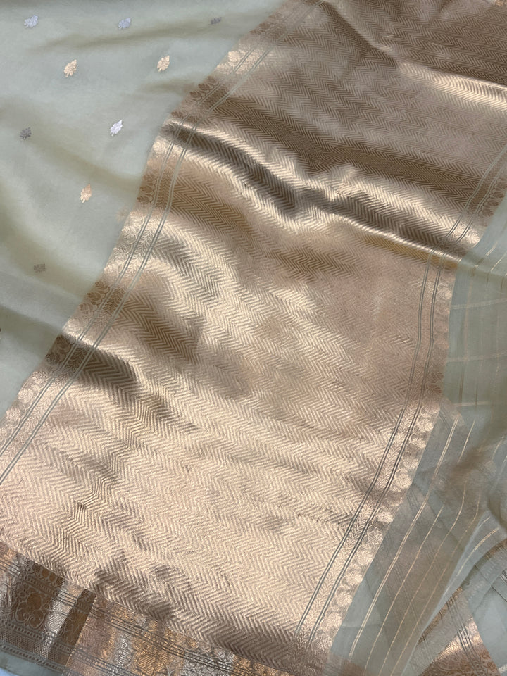 Dusty Green Pure Kora Silk Handloom Banarasi Saree