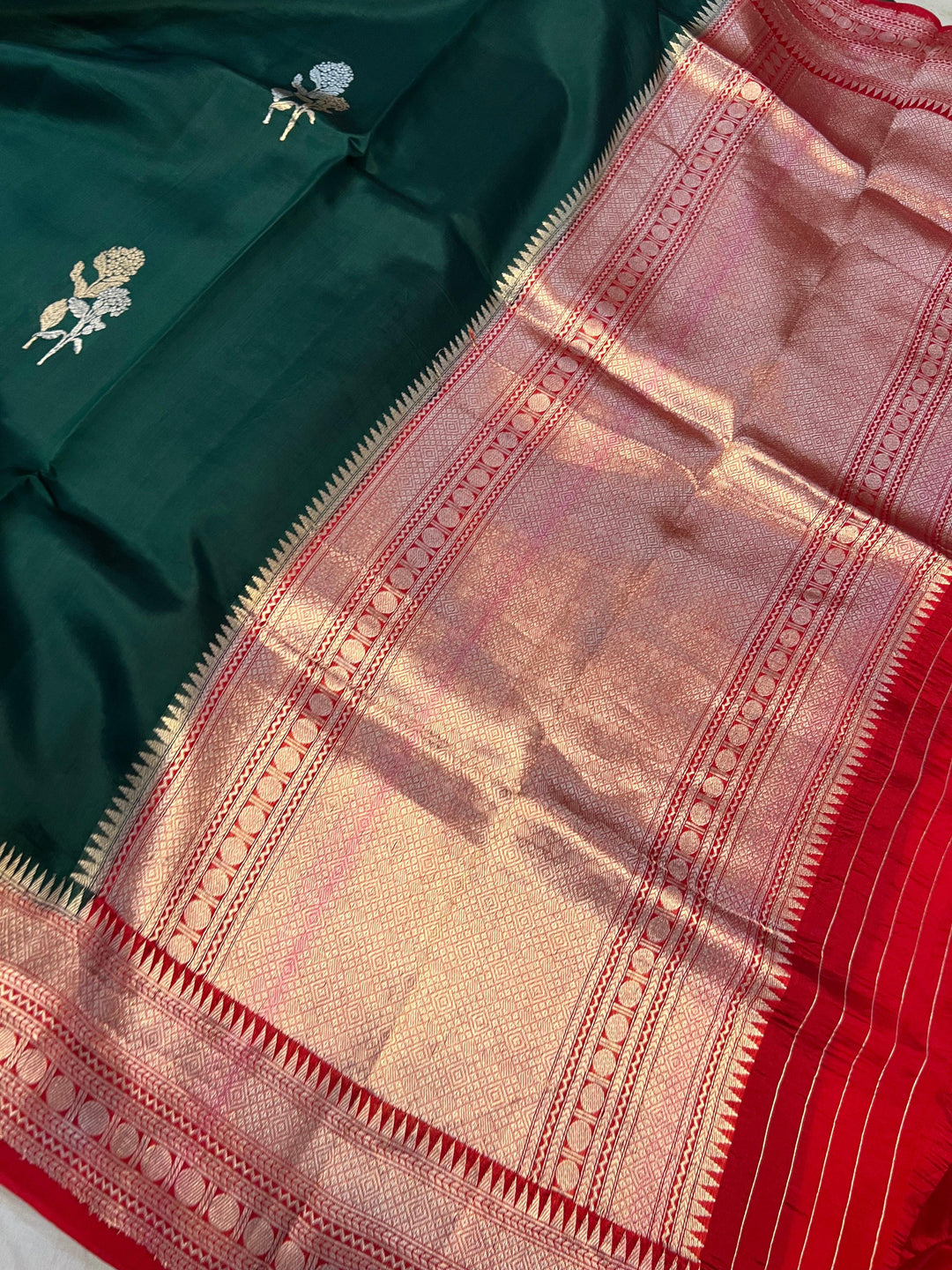 Bottle Green Pure Banarasi Handloom Silk Saree - Aura Benaras