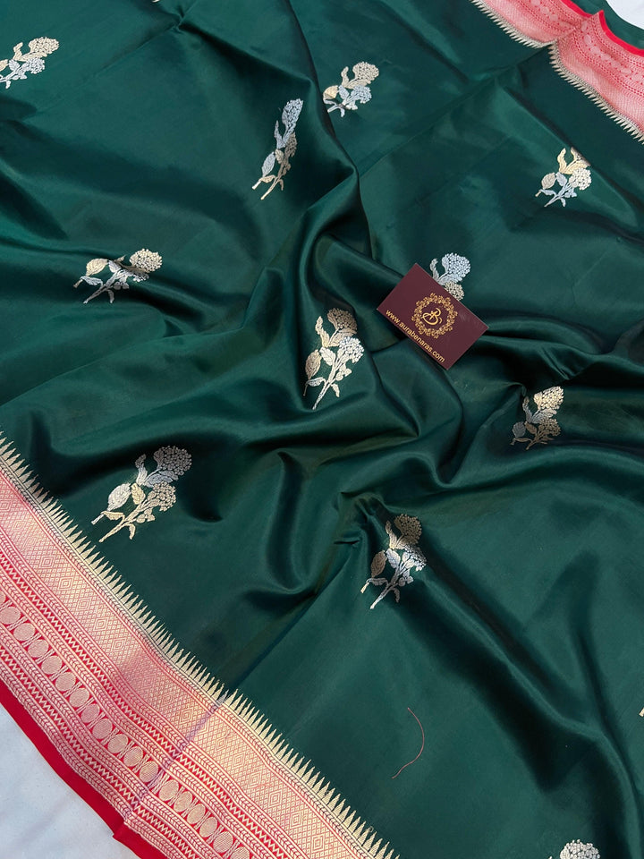 Bottle Green Pure Banarasi Handloom Silk Saree - Aura Benaras