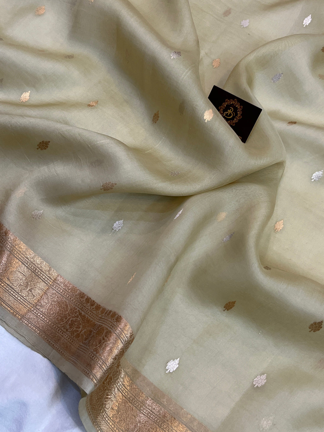 Dusty Green Pure Kora Silk Handloom Banarasi Saree